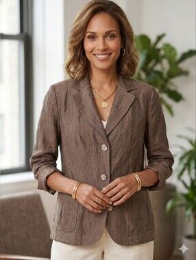 Gerry Weber U.K Brown Crinkled Linen Blend 3-Button Blazer Jacket Size L